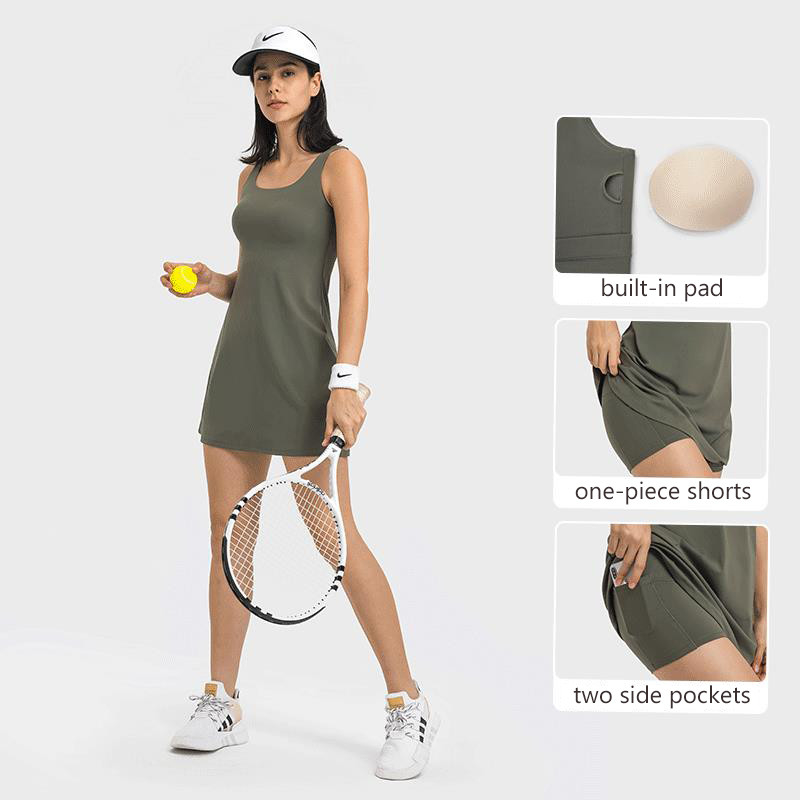 U-shape Neck Workout Sportwear Golf Dress Skirts One-piece Built-in Pockets Shorts